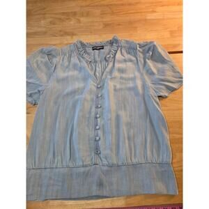 Karl Lagerfeld light blue chambray blouse Puff short sleeve button front medium